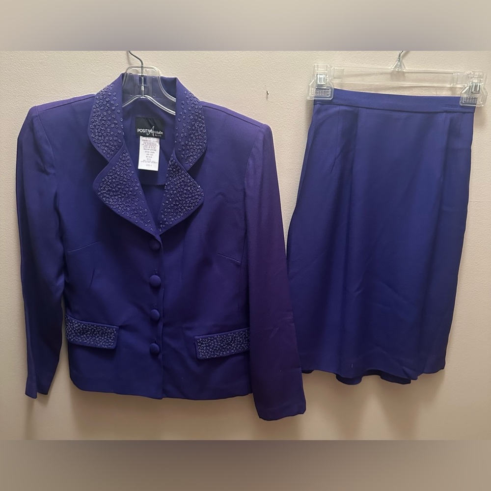 Positive Attitude Brand 2 piece suit jacket & skirt size 4 petite vibrant purple